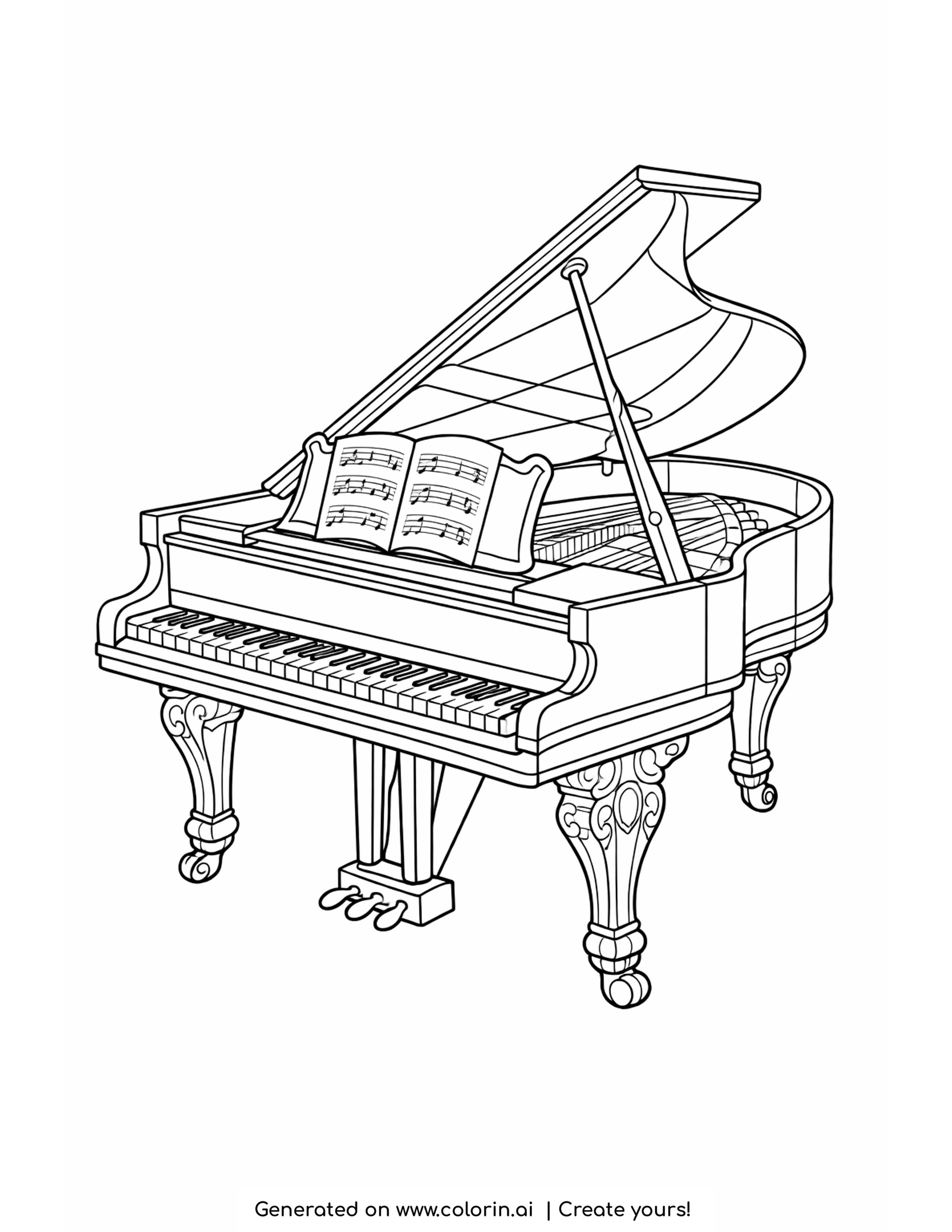 detailed grand piano coloring pages - a grand piano with its lid raised on a prop stick, an open score on the music desk and carved legs on casters