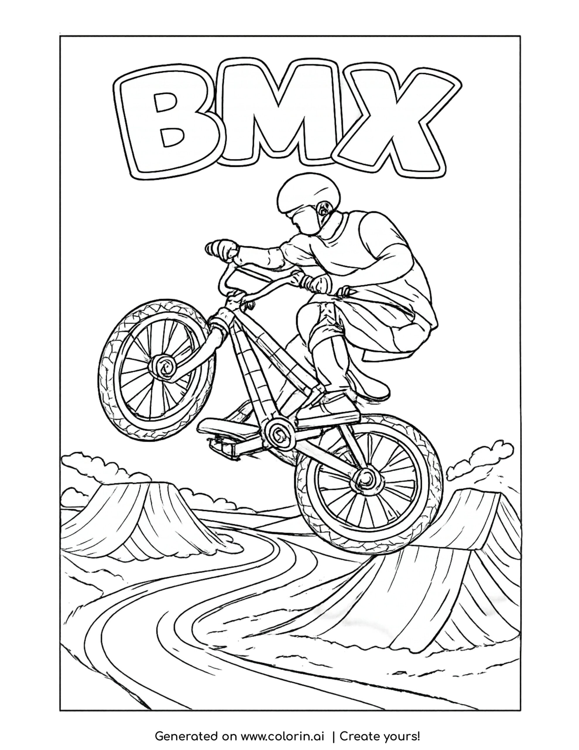 bmx rider doing jump trick coloring page with cyclist airborne over dirt ramps coloring page