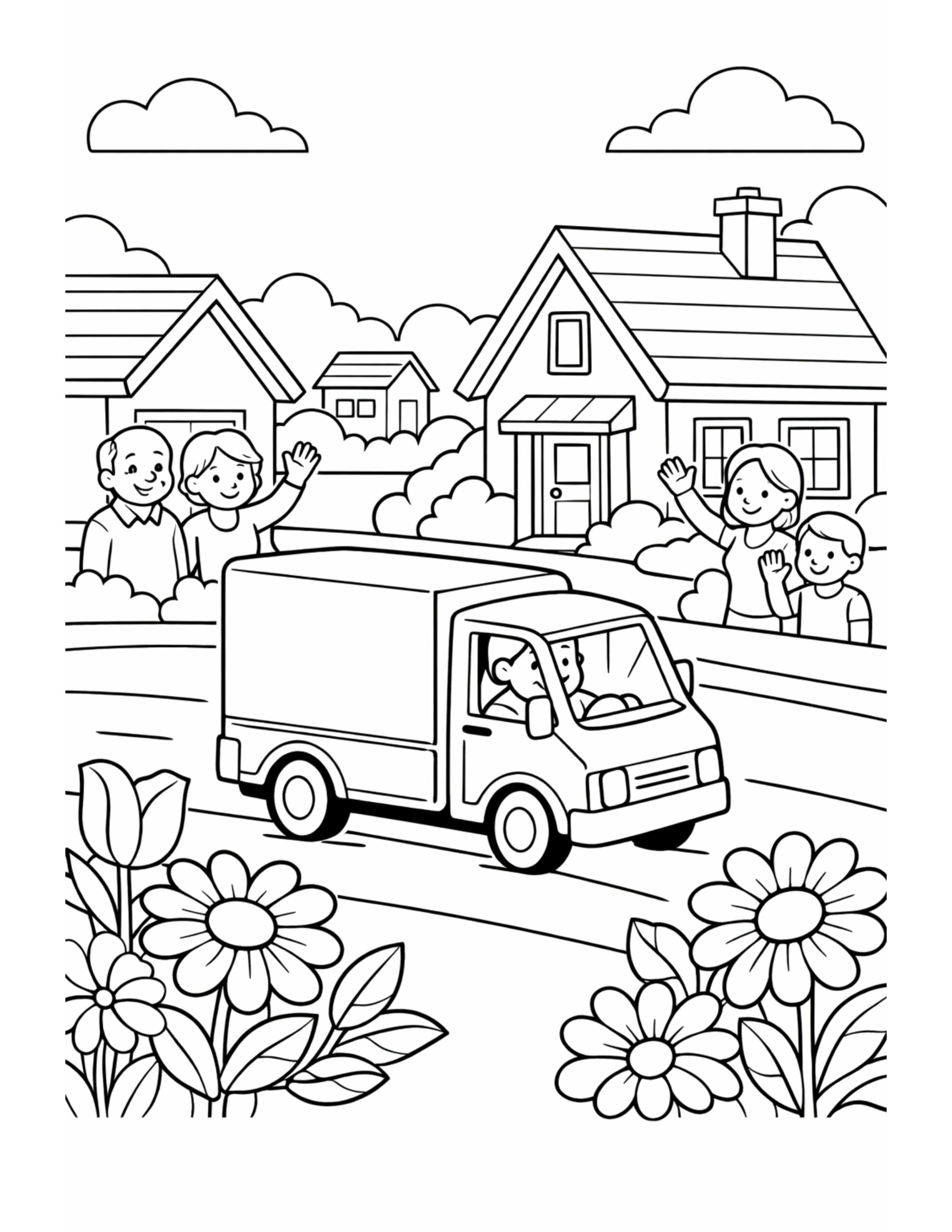 Delivery Van Passing Waving Neighbors Coloring Page