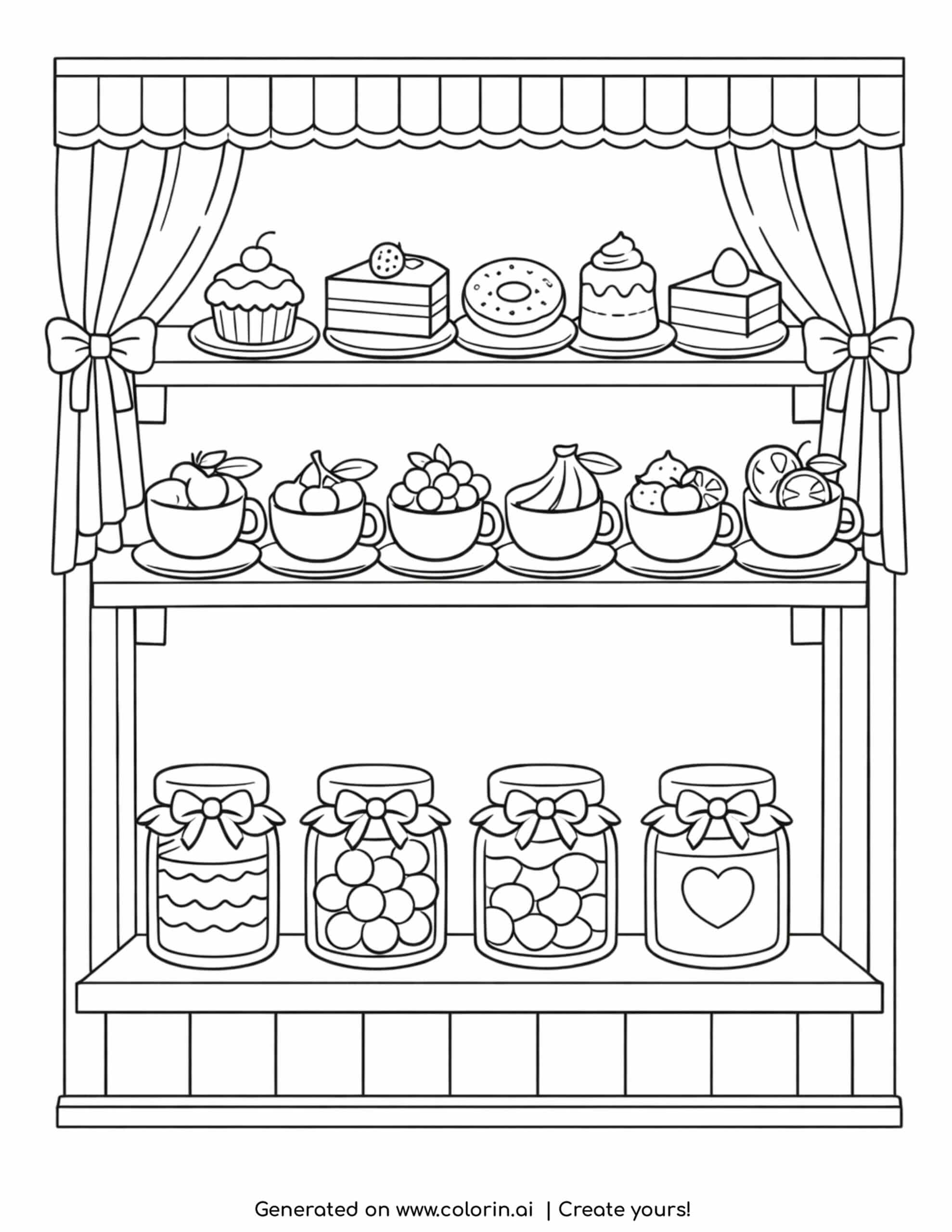 bakery window with cakes fruits in cups and jars of sweets coloring page