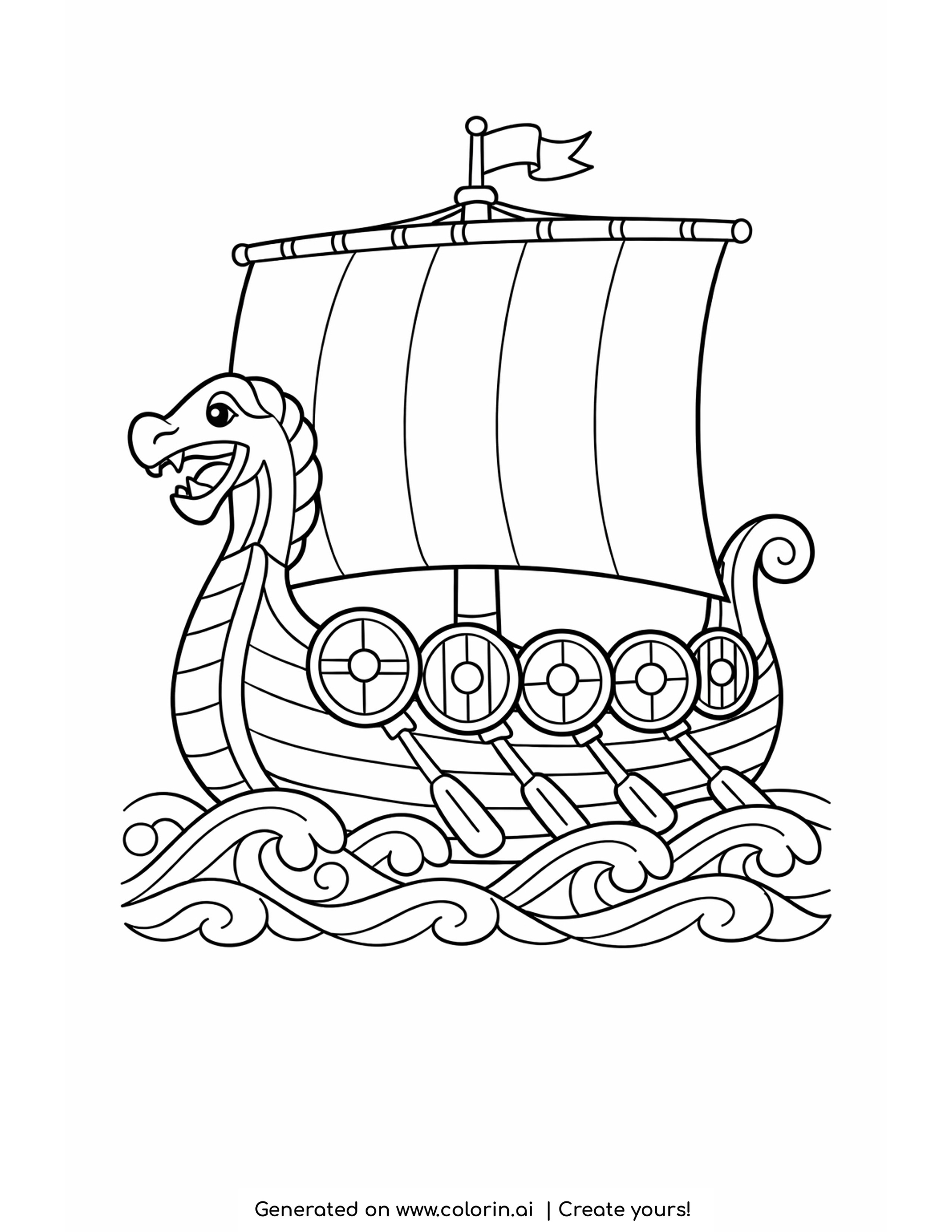 viking ship coloring pages - a longship with a carved dragon head prow, five round shields along the side, four oars and a wide square sail